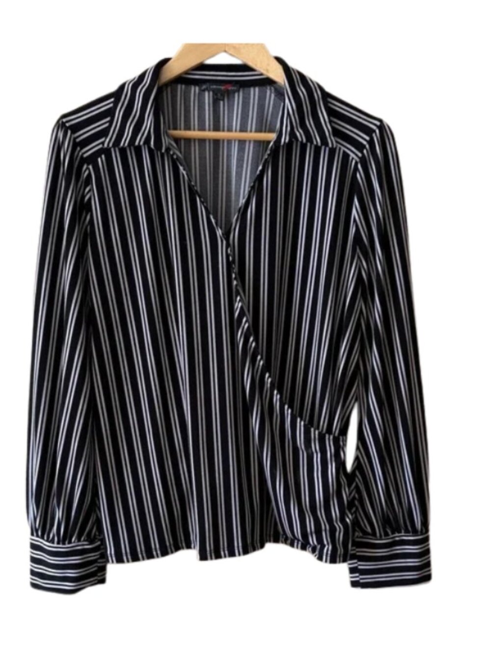 Adrianna Papell Black White Striped Wrap Blouse XL Draped Top